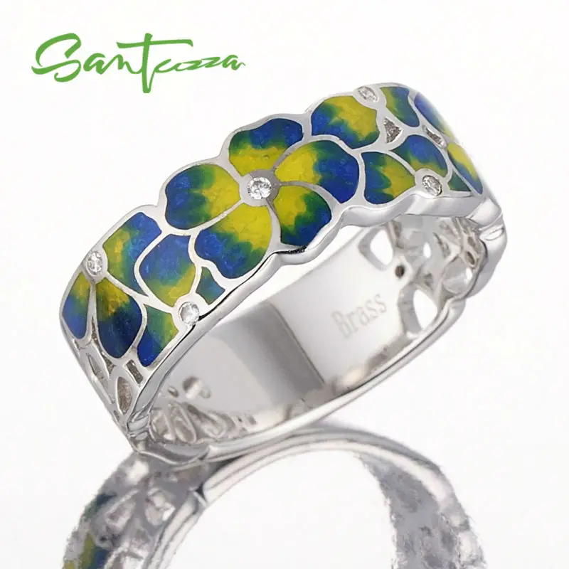 SANTUZZA кольца для женщин, красочное прозрачное эмалевое цветочное кольцо с желтым кубическим цирконием, CZ кольцо, вечерние ювелирные изделия ручной работы