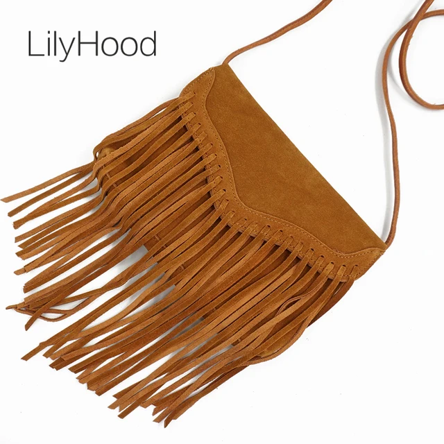 Lilyhood Women Genuine Leather Suede Fringe Crossbody Bag Brown Tassel Boho Hippie Gypsy Ibiza Bohemian Feminine Shoulder