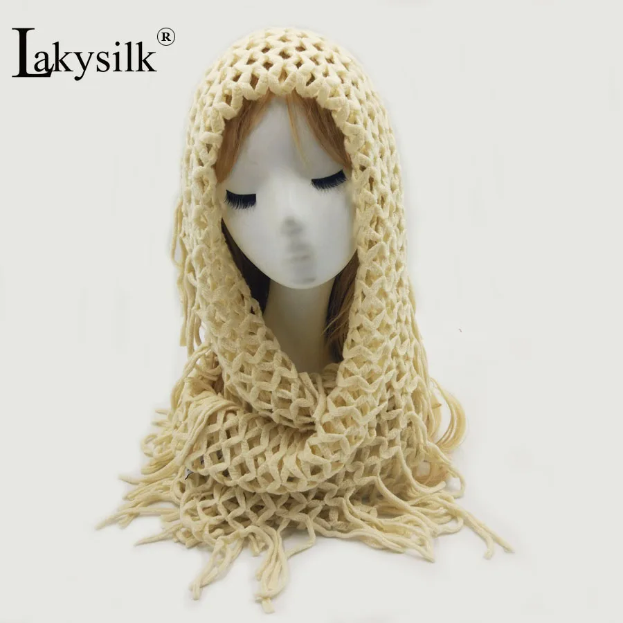 

[Lakysilk]Lovely Winter Knitted Ring Scarf Women Ladies 2 Circle Snood Muslim Hijab Tassel Cashmere Warm Soft Scarves & Wraps