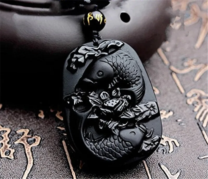 

5pcs/lot Obsidian Pendant 3D Carved Lotus Flower Fish Carp Women Men's Amulet Lucky Jades Jewelry Pendants With Beads Necklace