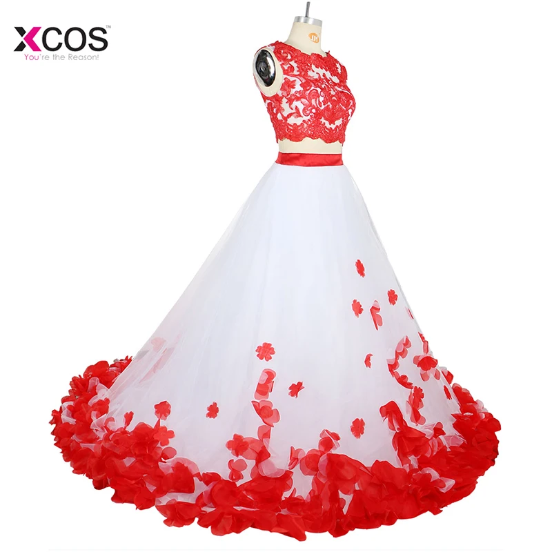 Abendkleider-Two-Pieces-Red-Lace-Prom-Ball-Gown-Petals-Evening-Dresses-Robe-de-Soiree-Formal-Party (2)