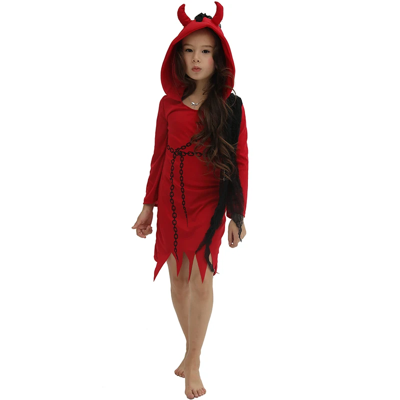 Костюм на Хэллоуин для детей; коллекция года; костюм дьявола для девочек; костюм демона вампира; красная страшная одежда для костюмированной вечеринки; Платье с принтом железной цепи и капюшоном - Цвет: Красный