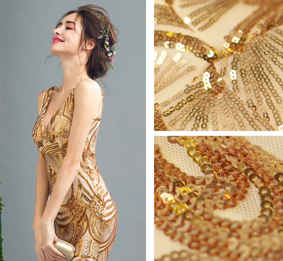 ruthshen Reflective Dress Gold Evening Dresses Long 2018 New Tailored Sequined Mermaid Prom Gowns Formal Occasion Dress