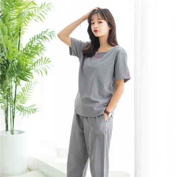 

New Cotton Linen Cool Comfortable Pajama Set Short Sleeve Trousers Pijama Mujer Summer Solid Home Clothes Sexy Couple Sleepwear