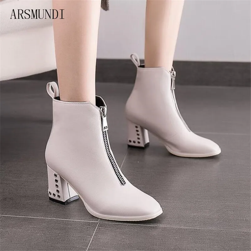 

ARSMUNDI 2018 spring autumn zipper white ankle boots shoes for woman chunky heels square toe casual boots Botas Mujer L570