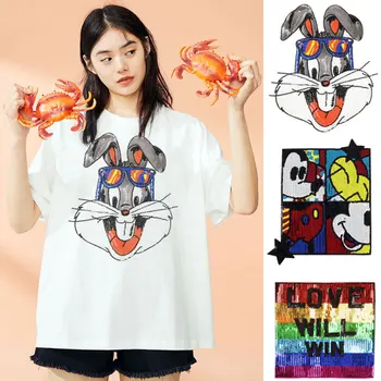 

Personality of Fangkuaimiqi rabbit head large sequins patch T-shirt patch paste hole paste sewing