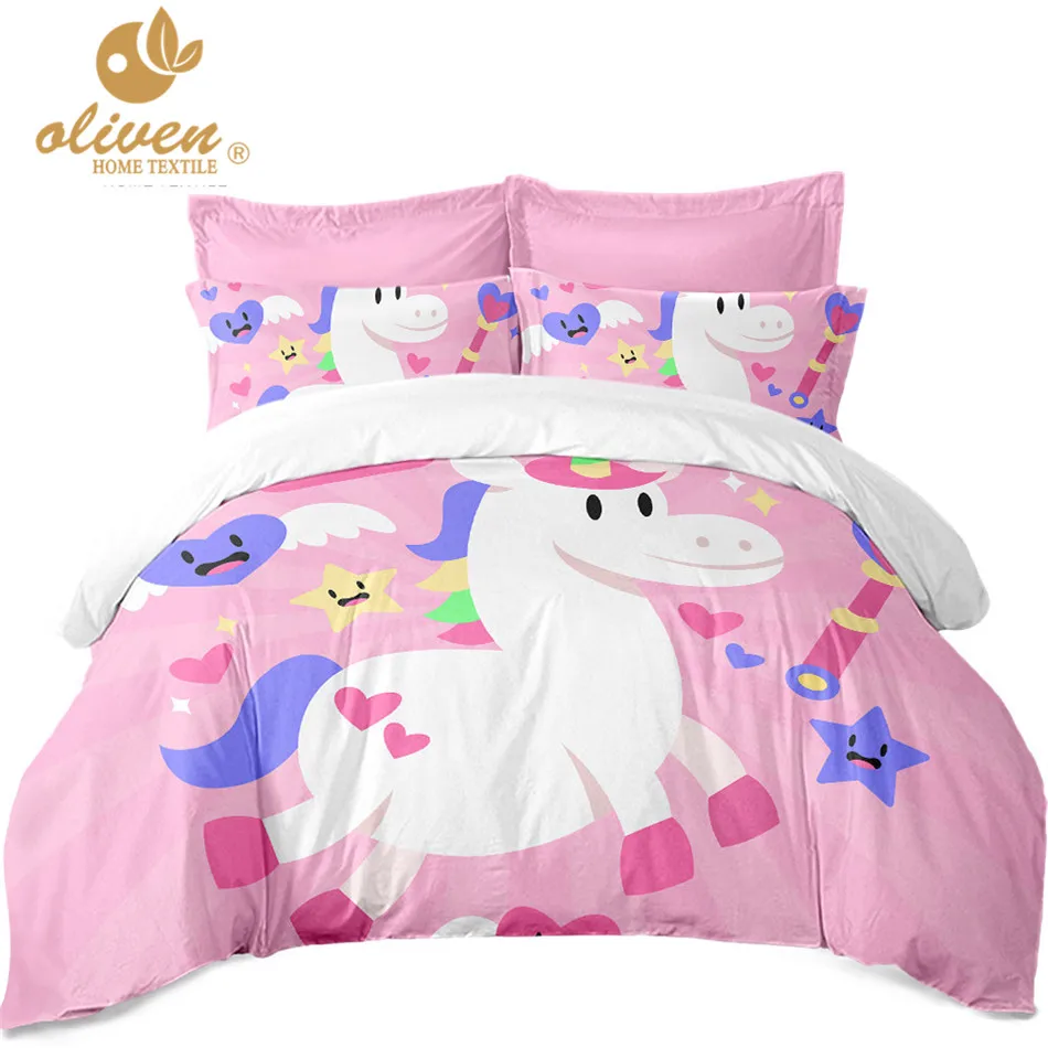 cheap Unicorn Bedding Set for Girls Pink Duvet Cover Twin Full Queen King Size Cartoon Printed Bedding Cover Princess Bedclothes 3Pcs