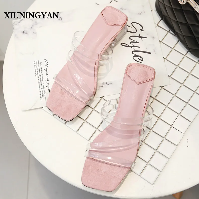 

XIUNINGYAN 2019 Transparent Women Slides Unique Pvc Transparent Summer Shoes Crystal High Heels Party Prom Shoes Woman Slippers