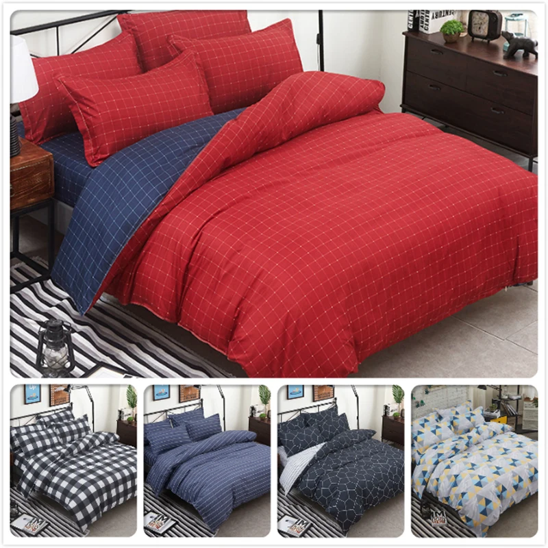 Red Blue Plaid 3pcs/4pcs Bedding Set Soft Cotton Bed Linens Single Twin
