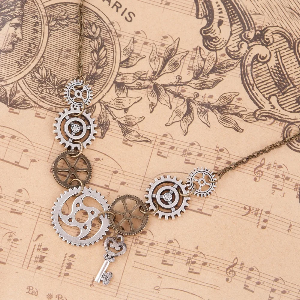 DoreenBeads New Fashion Steampunk Statement Necklace Link Cable Chain Antique Bronze Gear Key Pendants 45.5cm long, 1 Piece