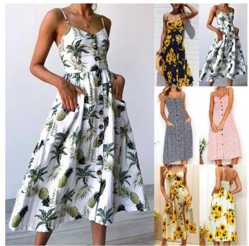 

Summer Women Dress 2019 Vintage Sexy Bohemian Floral Tunic Beach Dress Sundress Pocket Red White Dress Striped Female Brand