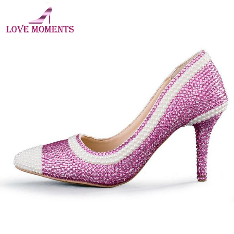 

Sexy Pink Rhinestone Pointed Toe Bride Shoes Ankle Straps Gorgeous Wedding Evening Party Pumps Fashion Handmade Middle Heels