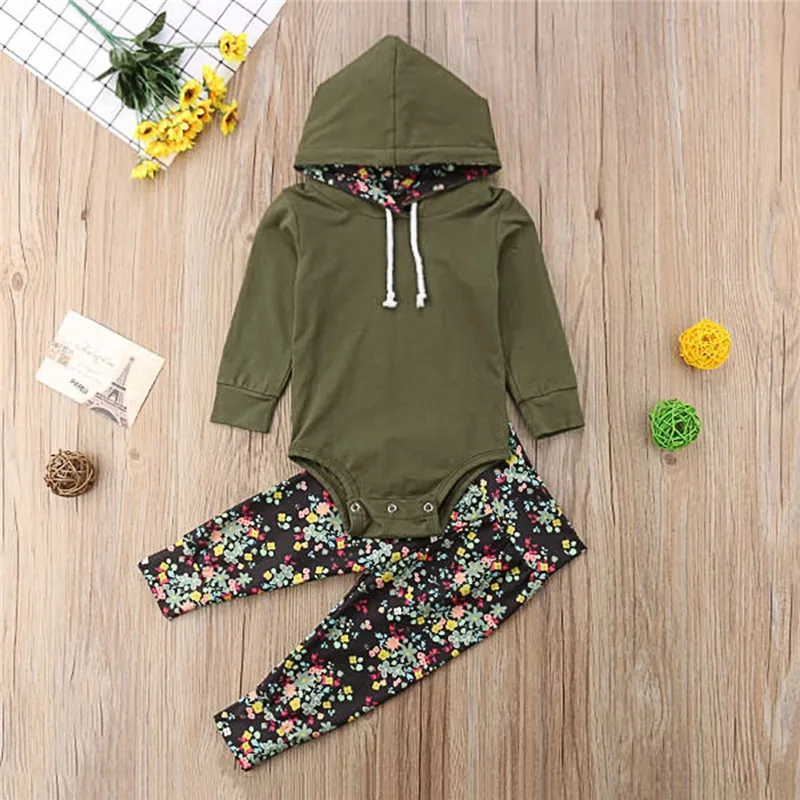 

Autumn Long Sleeve Hooded Solid Green Tops Floral Pants Boy Girl Clothing Outfits 2PCs Newborn Baby Boys Girls Clothes Set