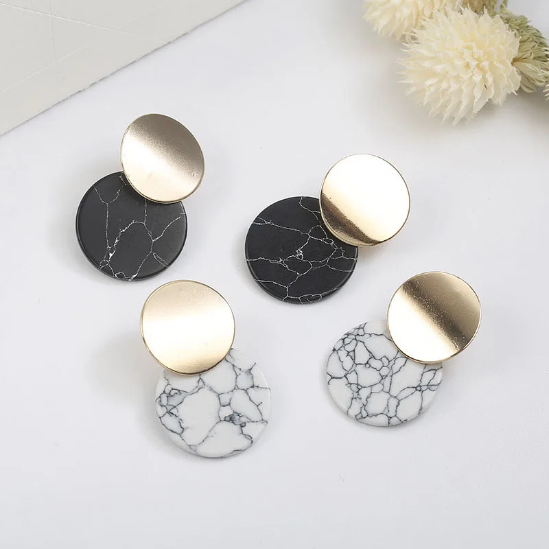

New Arrival Unique Black Trendy Double Round Drop Earrings With Natual Stones Metal Statement Earrings for Women Fashion Jewelry