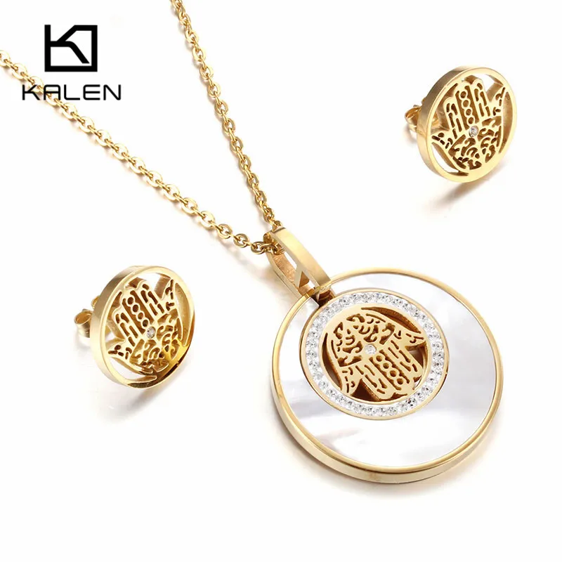 

Kalen Women Lucky Shell Jewelry Set New Stainless Steel Gold Color Fatima Hamsa Hand Pendant Necklace & Earrings Set Gift 2017