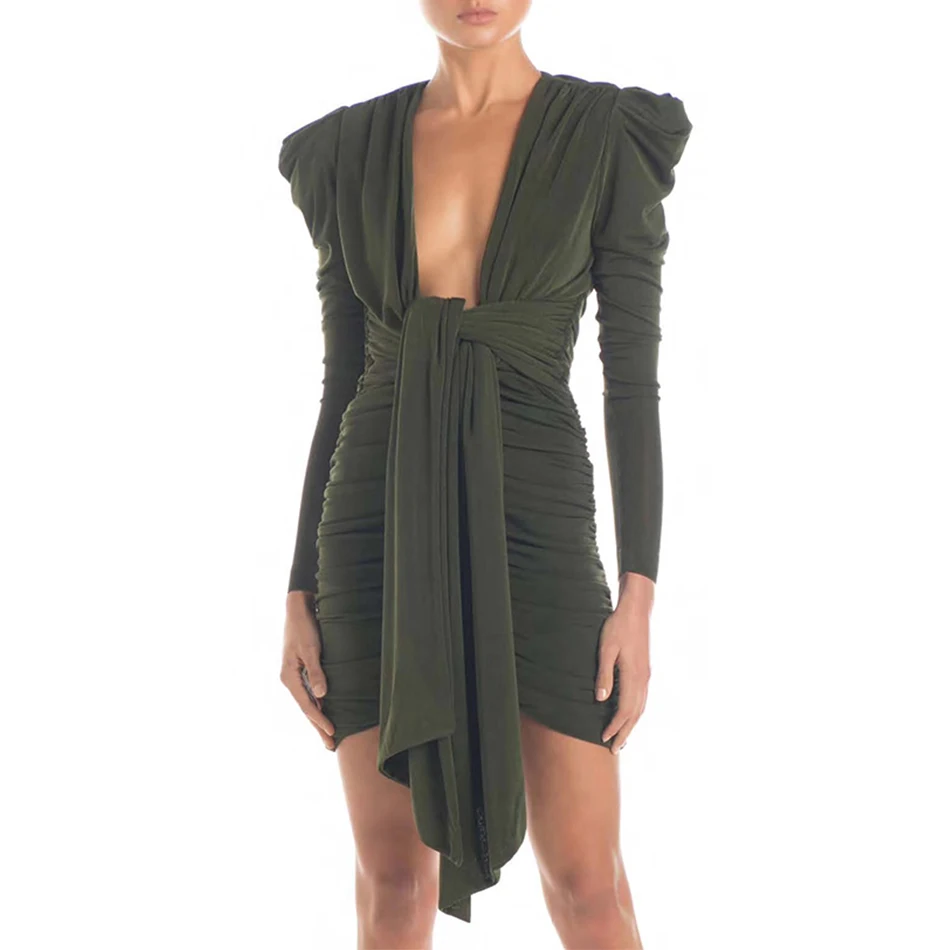 

Seamyla New Elegant Summer Dress Women Bodycon Wrinkle Club Dress Vestidos Sexy Deep V Neck Fringe Evening Party Dresses Runway