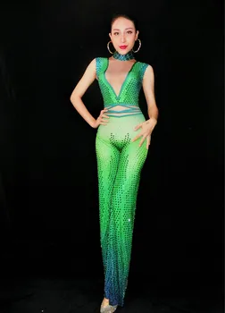 

Sexy Stretch Jumpsuits Female Green Sparkly Crystals Bodysuit Nightclub DJ Singer Pole Dancing Costume Party Catwalk Stage Wear