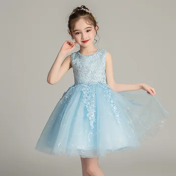 

Kids Baby Clothes 3 Colors Lace Mesh Sequins Cute Wedding Party Dress Summer 2020 New Sky Blue Princess Flower Girl Dress 5-12Y