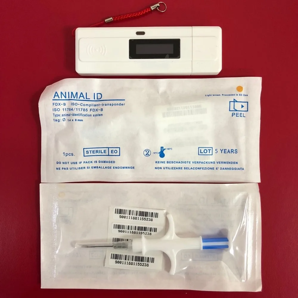 

Free Shipping 100pcs 1.4*8mm Pet Microchips FDX-B 134.2KHz cat dog,snake pig syringe animal id RFID transponder + 1 hand reader