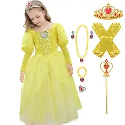 Красавица и Чудовище Белль платье для девочек с длинными рукавами длиной до щиколотки Принцесса Ариэль желтое бальное платье детский