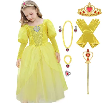 

Beauty and the Beast Belle Dress for Girls Long Sleeve Ankle Length Princess Ariel Yellow Ball Gown Child Halloween Costume Robe