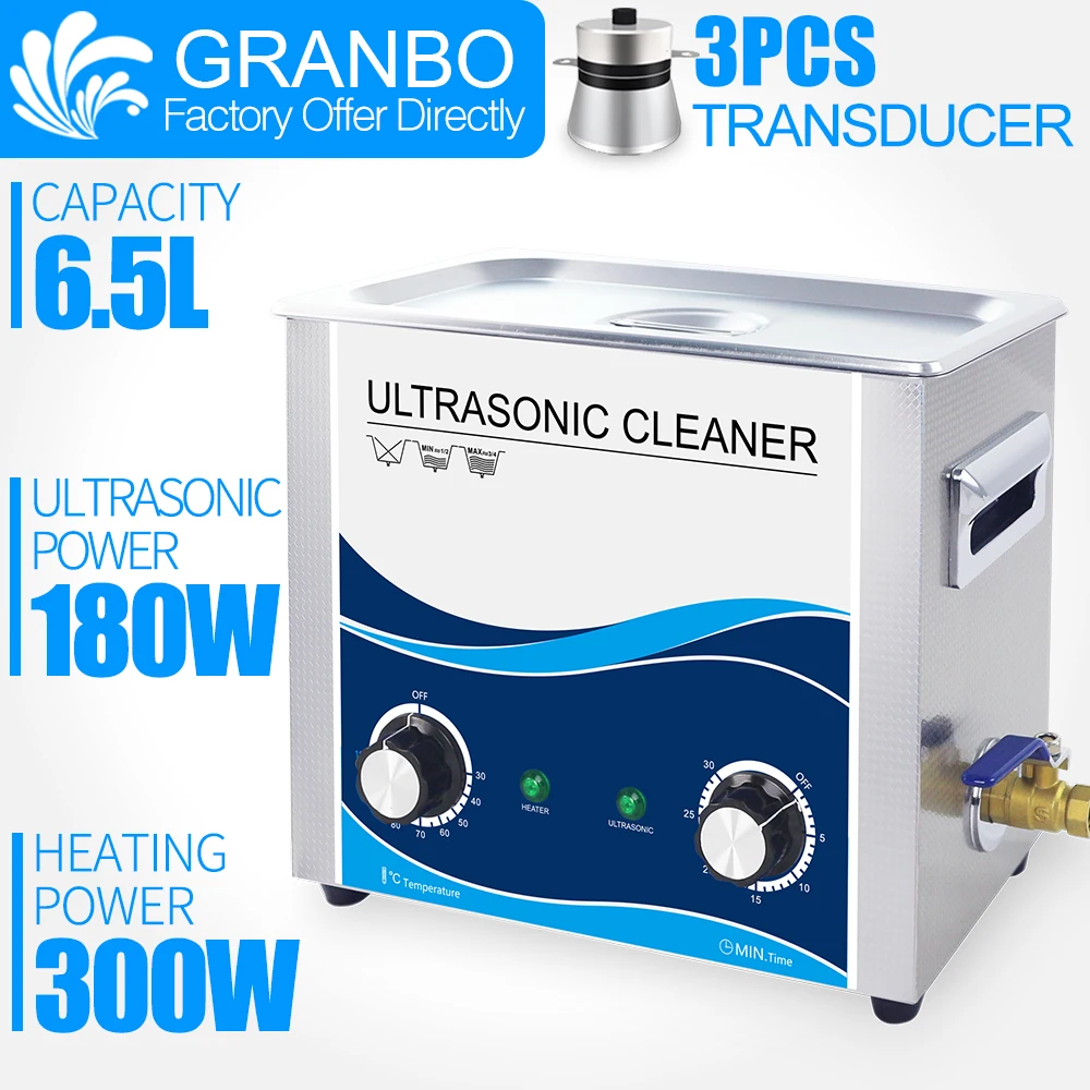 

180W 6.5L Stainless steel ultrasonic cleaner Knob control temperature heating for oil rust car chains lab test tube cleaner wash