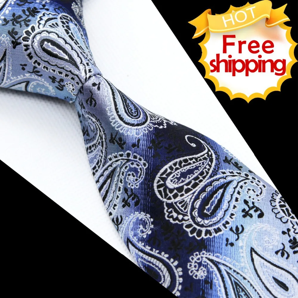

Paisley Navy Blue White Silver Mens Ties Neckties 100% Silk Jacquard Woven Free Shipping Fashion Casual Formal Business
