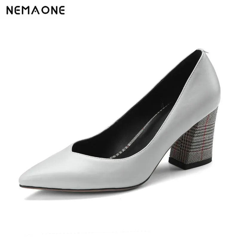 

NNEMAONE Genuine Leather Woman Pumps Colorful hoof Heels High Quality Sheepskin Sexy Pointed Toe Shoes Party Office Lady