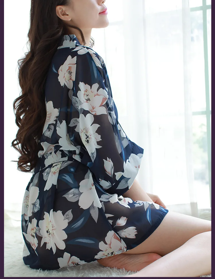 Sexy Chiffon Lingerie Feminina Extrema Tentação Grande Tamanho Pijamas Transparente Impressão Robe Roupão Conjunto Azul 7 Cheap Cápsulas de dormir