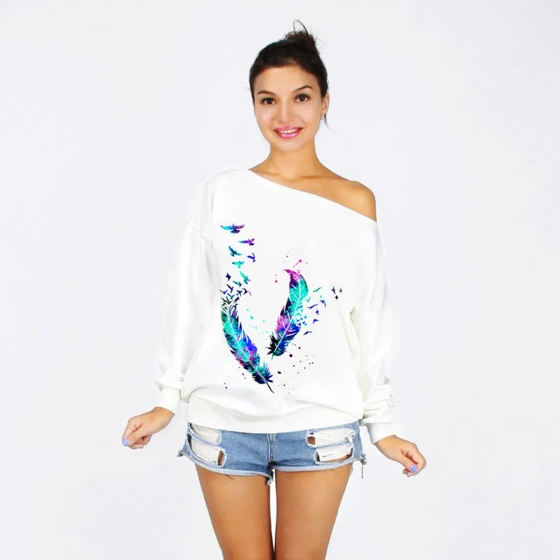  EXOTAO Sexy Women Off Shoulder Sweatshirts Loose Long Sleeve Hoodies Chic Feather Printing Pullover