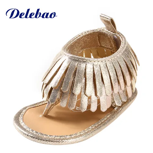 Delebao Вьетнамки для детской обуви мягкие подошвы для скользкой детской безопасности обувь ПУ кисточкой Детские летние сандалии - Цвет: Gold