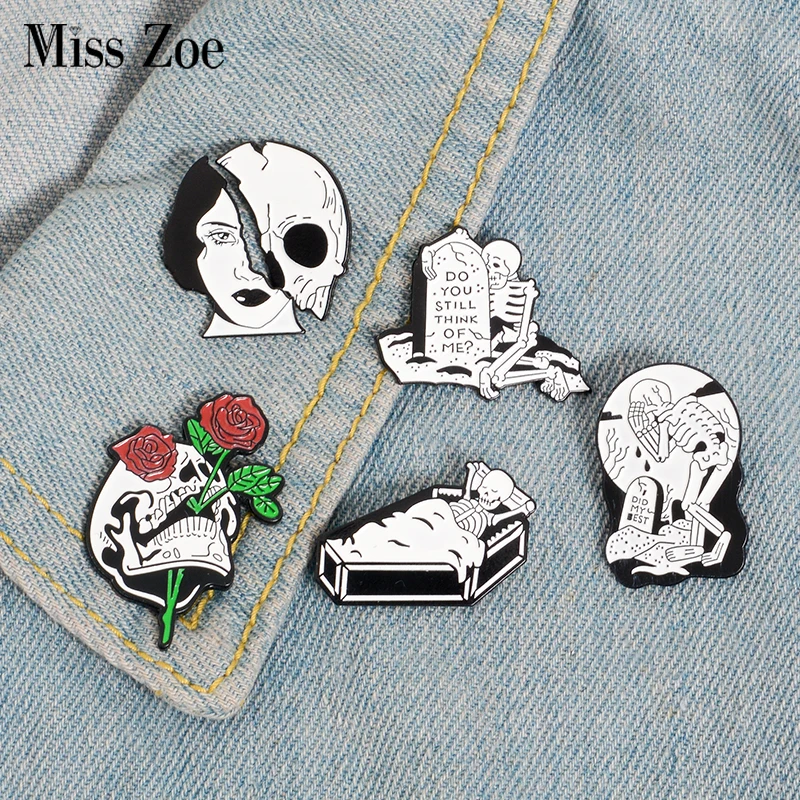 

Woman Skull Face Enamel Pin Rose Dead Lovers Coffin Badge Brooch Lapel Pins Denim Jeans Shirt Bag Punk Jewelry Gift for Friends