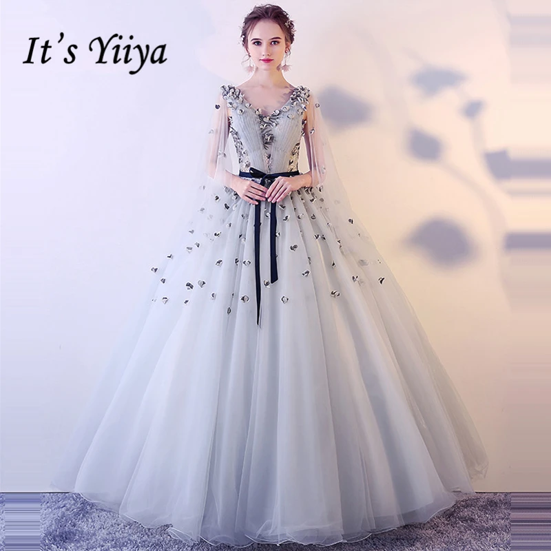 

It's Yiiya Evening Dresses 2019 Plus Size Sexy V-Neck Sleeveless Floor Length Applique Lace Up Formal Party Robe de soiree LX990