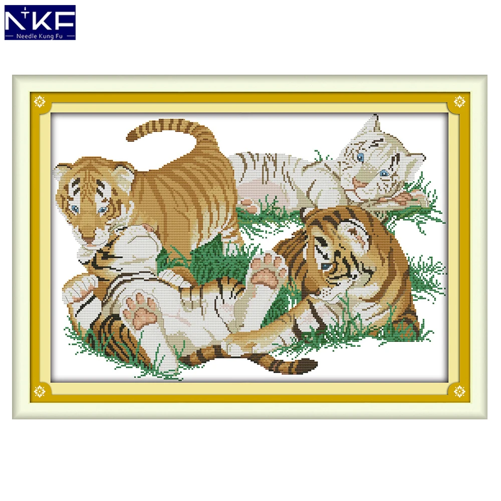 NKF Four Tigers Animal Cross Stitch Set Handmade Craft Needlework Cross-Stitch Embroidery Kit for Home Decor | Дом и сад