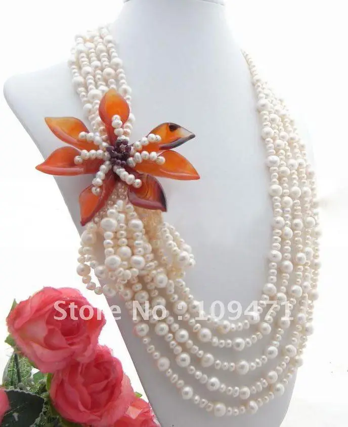 

5Strands Pearl&Onyx&Semi-precious Stone Flower Statement Necklace