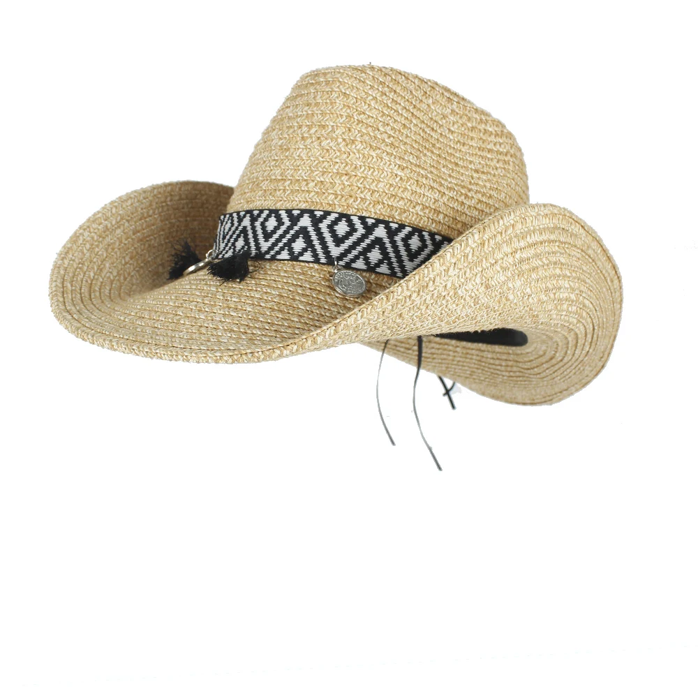 Модная богемная кисточка, Женская открытая западная ковбойская шляпа, женская летняя соломенная Соломенная пляжная ковбойская джазовая шляпа от солнца