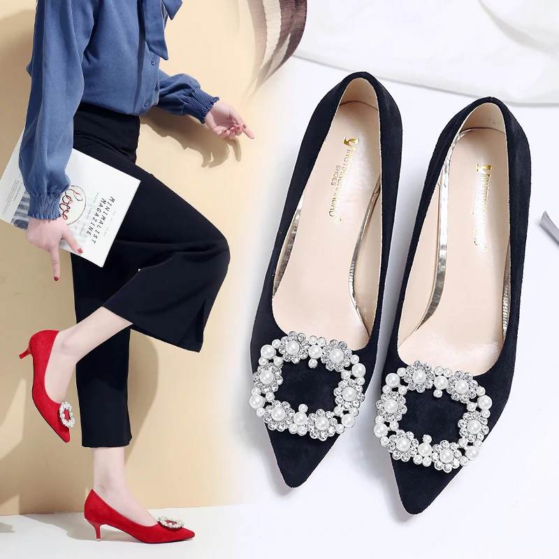 

Women Rhinestone High Heel Pumps Pointed Toe Kitten Heel Suede Dress Pearl Wedding Shoes Red Bottom High Heels Bridal Shoes