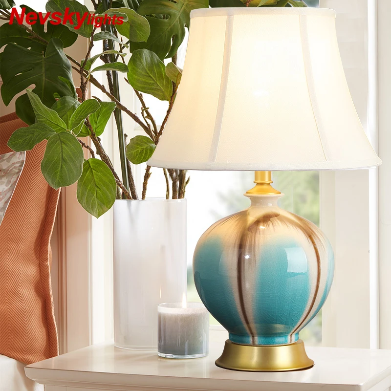 

Porcelain Chinese Style Table Lamp Blue White Porcelain Desk Light copper Home Decoration Table Lamp Bedroom Living Room Lights
