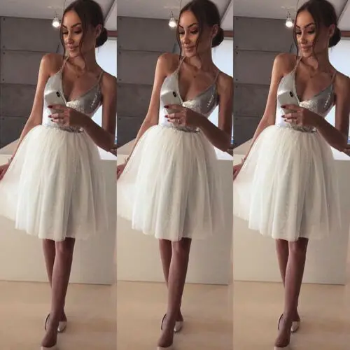 

2019 arrival Women Silver Formal White Layers Mesh Sexy Deep V-Neck Low Cut Sequin Club Wear Evening Party Midi Princess Dress