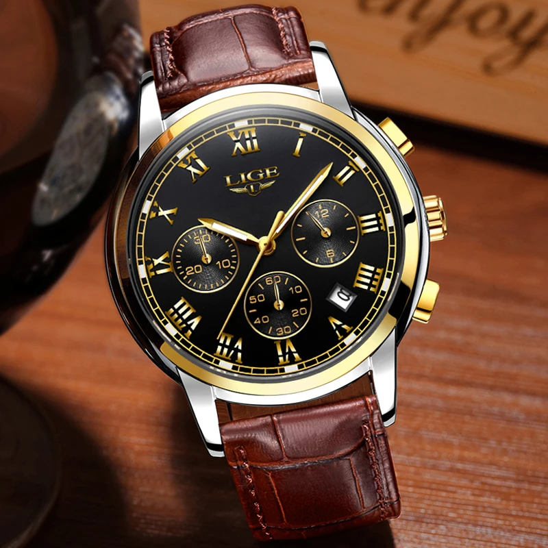 Tanie LIGE męskie zegarki moda biznesowa Top marka zegarek mężczyźni sport zegar wodoodporny skórzany zegarek kwarcowy Relogio Masculino + Box