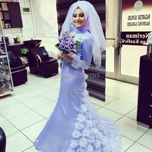 Oumeiya OW525 With Handmade Rosettes Satin Mermaid High Neck Long Sleeve Hijab New Design Muslim Wedding Dress 2016