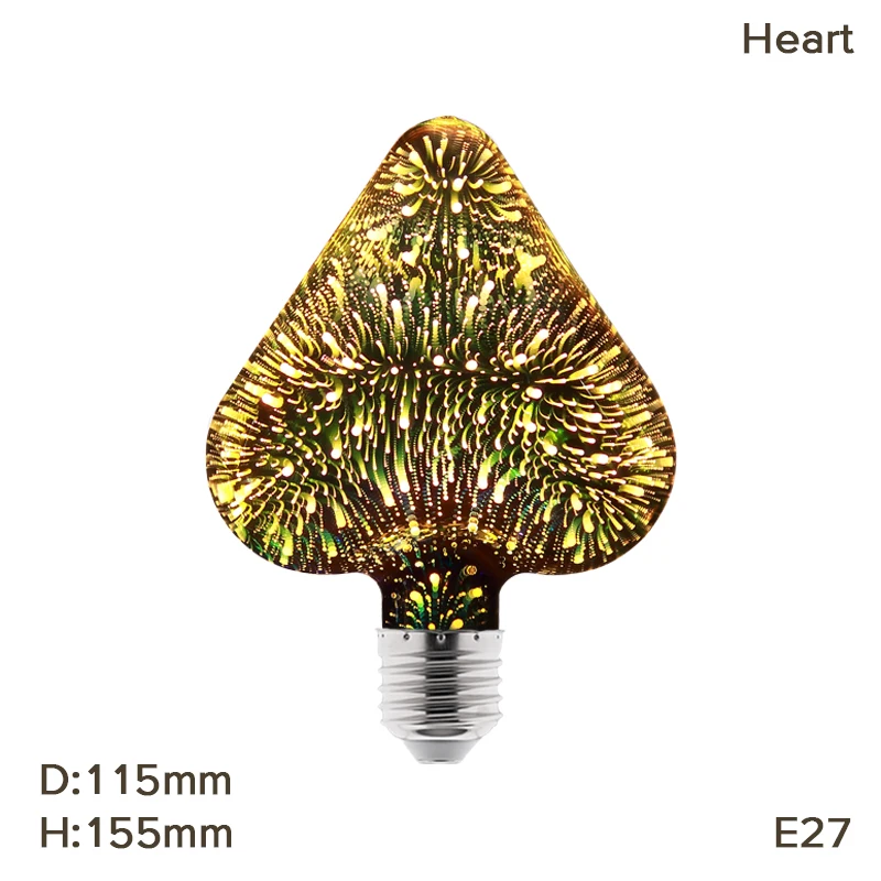 3D E27 светодиодный лампы 220V Красочные фейерверки светодиодный лампы Эдисона Праздник Рождественская звезда декорация Bombillas lampada светодиодный потолочный светильник Lamparas - Испускаемый цвет: 3D Heart Bulb