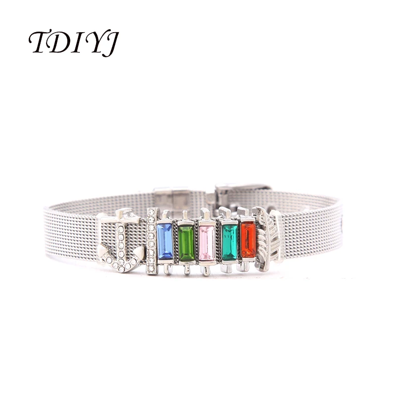 

TDIYJ New Collection Silver Mesh Stainless Steel Keeper Bracelet with Colorful Birthstone Anchor Slide Charms for Women 1Set