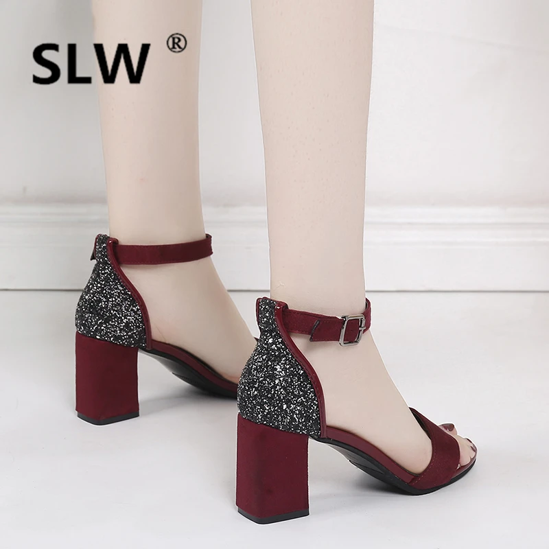 

rhinestone sandals casual shoes fur heels Solid tip binding Sexy zomer schoenen summer Pure colour Flock Crystal Buckle belt