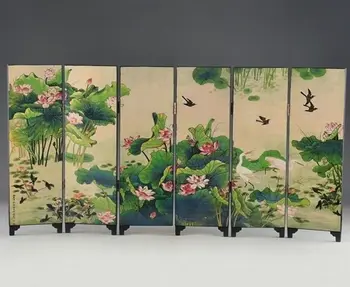 

ORIENTAL LACQUER HANDWORK OLD PAINTING LOTUS WRITING WORDS SIX FOLD SCREEN DECO#3