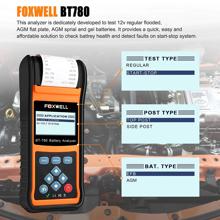 FOXWELL BT780 12V тестер батареи 0 1000A автомобиль AGM гель EBP анализатор Встроенный принтер