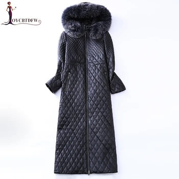

Really Leather Jacket Winter Long Women Fox Fur collar Coat Sheepskin Outerwear Warm Hooded Female Coat Large size M-4XL DD742