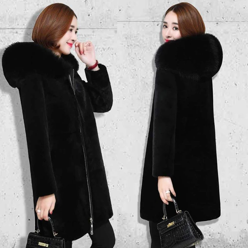

Women Clothes Hooded Large Fur Collar Faux Fur Sheep Shearing Coat Female Long Section Winter Thick Plush Coat Women Coat
