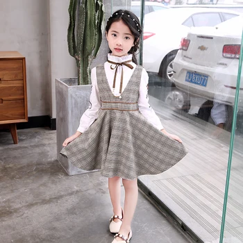 

embroidery floral white long sleeve blouse +dress 2 pieces girls clothing sets 2018 spring autumn high quality