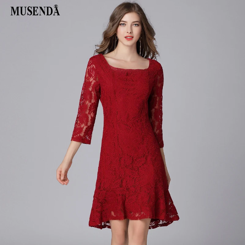 

MUSENDA Plus Size Women Burgundy Lace Square Collar 3/4 Sleeve Tunic Dress New 2018 Spring Female Dresses Vestido Robe Clothing